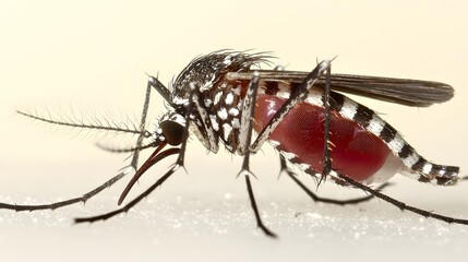 Close-up of a mosquito with detailed wings and legs, isolated on a white background. Copy space. 