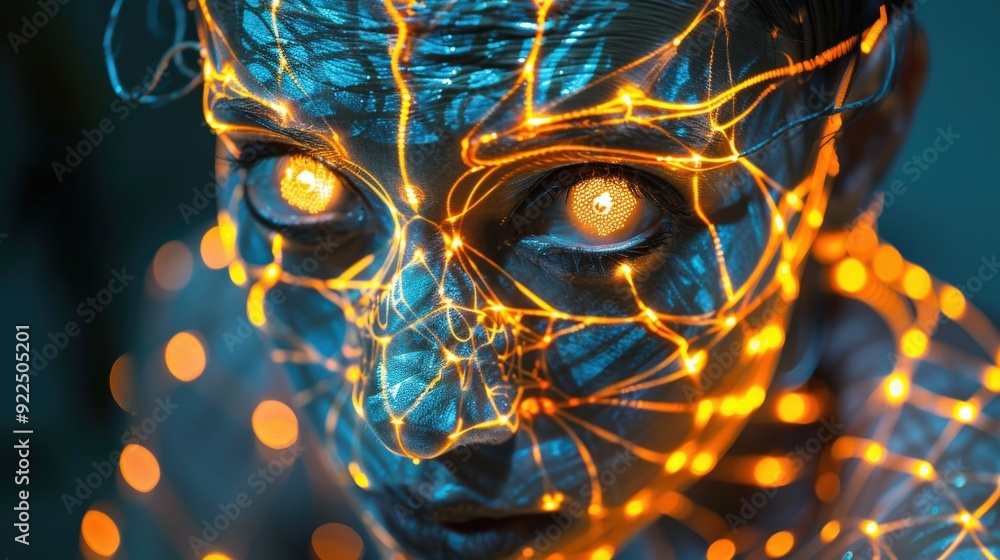 Poster a person’s face is covered in glowing patterns, with intense yellow eyes peering through in a dark s