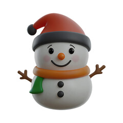 A chibi 3D Snowman with a large head, big eyes, wearing a Christmas-themed hat and scarf, with a carrot nose and coal buttons. The background is transparent.