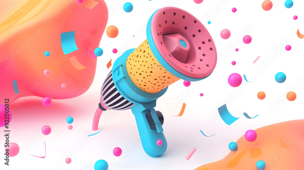 Poster 3d flat icon of speaker with microphone and notes on dreamy background ideal for public speaking pre
