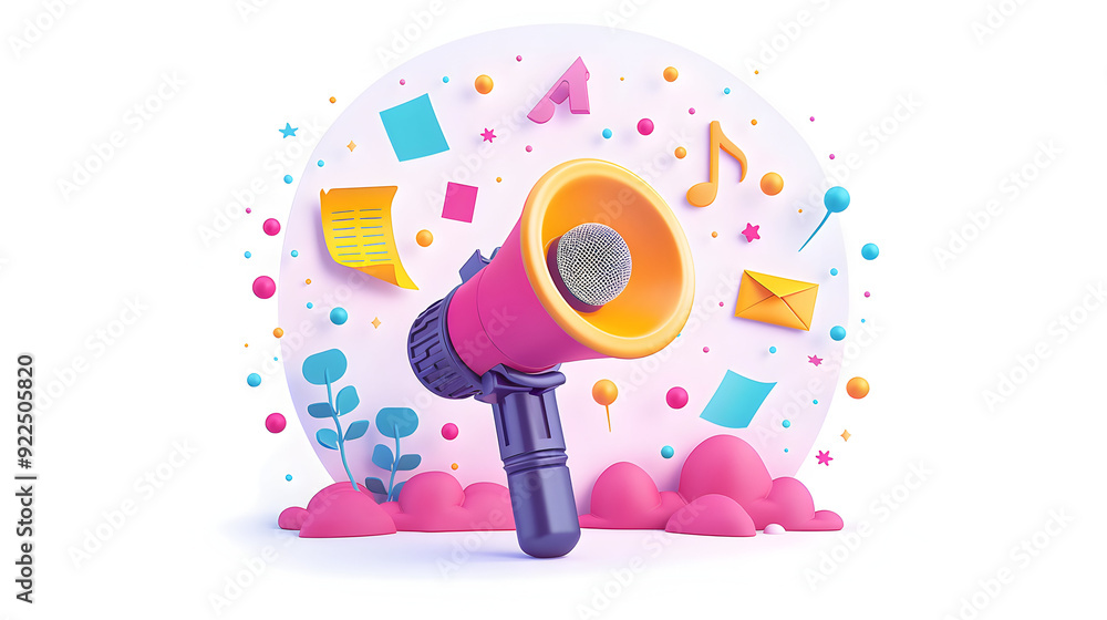 Poster 3d flat icon illustration of speaker with microphone and notes against dreamy background ideal for p