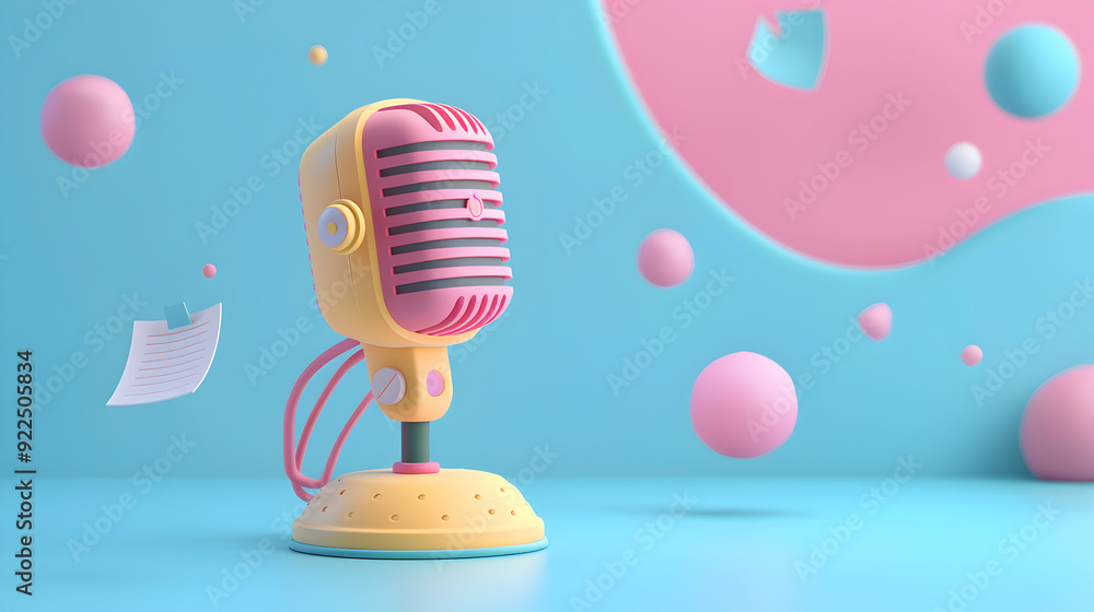 Poster 3d flat icon of speaker with microphone and notes on dreamy background symbol of public speaking and