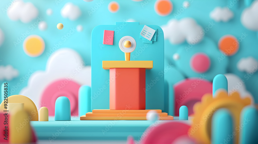 Poster 3d flat icon of speaker with podium and notes concept ideal image for public speaking and community 