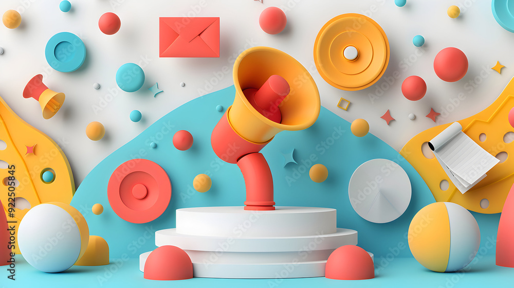 Poster 3d flat icon of speaker with podium and notes on whimsical background public speaking and presentati