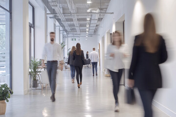 Fototapeta premium Long exposure shot of crowd of business people walking in bright office lobby fast moving with blurry