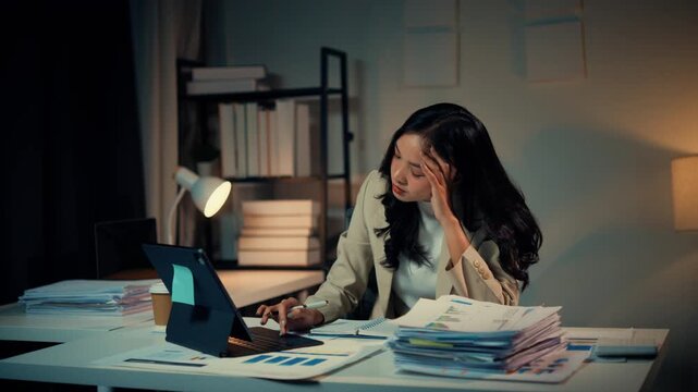 Businesswoman working late at night, looking stressed and exhausted, surrounded by stacks of paperwork, and eventually collapsing on her desk