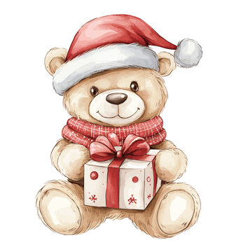 Cute teddy bear in a Christmas hat and scarf, holding a gift