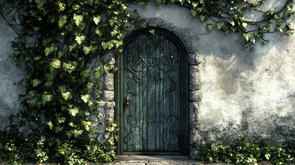 Magical door wrapped in ivy tendrils, elaborate patterns, even lighting,