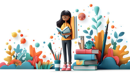 3D Flat Icon of Student with Books and Art Supplies Against Dreamy Background | Academic and Creative Education Concept with White Isolated Background