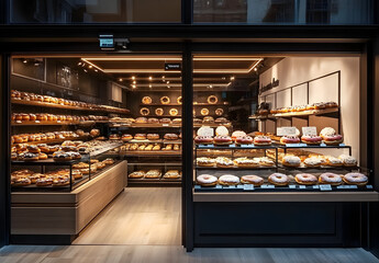 a bakery with a wide selection of donuts on display in the store
