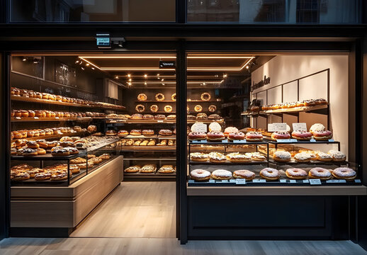 a bakery with a wide selection of donuts on display in the store