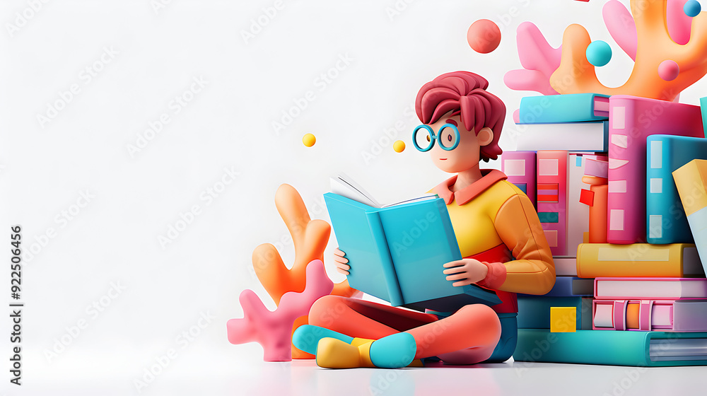 Poster 3d flat icon of student with books and computer: traditional learning vs. digital advancements in ed