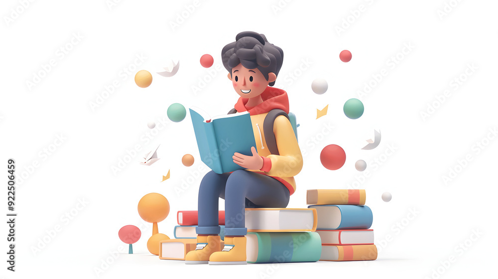 Poster a student holding books and using a computer with dreamy background, symbolizing the balance between