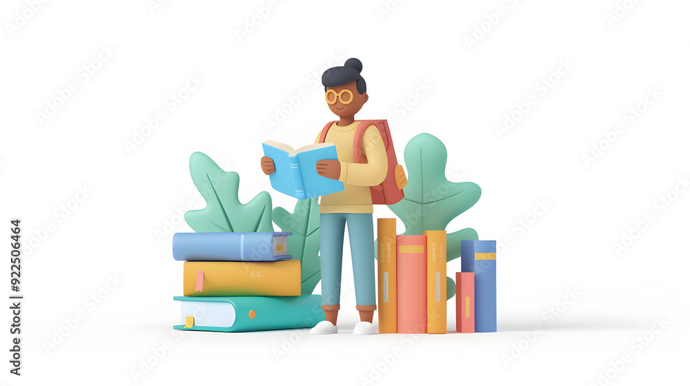 Poster a student embracing the future: 3d flat icon of student with books and computer balancing traditiona
