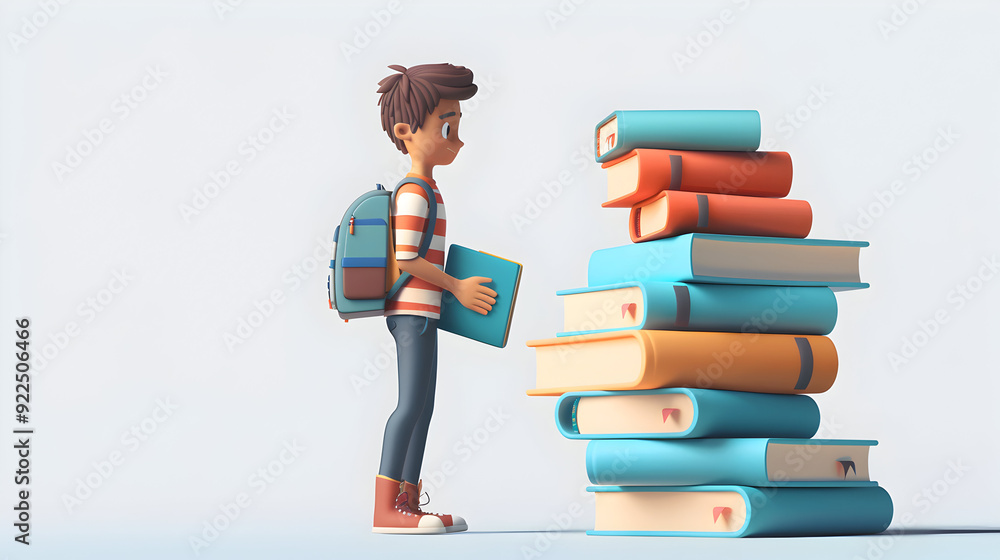 Poster 3d flat icon: student with books and computer balancing traditional learning and digital advancement