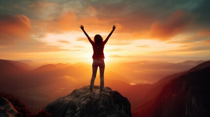 Fototapeta premium Young woman jumping with hands up against the sky and mountain