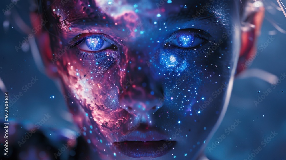 Poster a young individual stares thoughtfully with cosmic patterns illuminated across their face, creating 