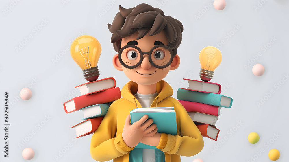 Poster 3d flat icon of student with books and lightbulb symbolizing innovation in education on whimsical ba