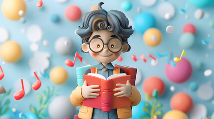 3D Flat Icon Concept: Student with Books and Music Notes Symbolizing Academic and Musical Harmony