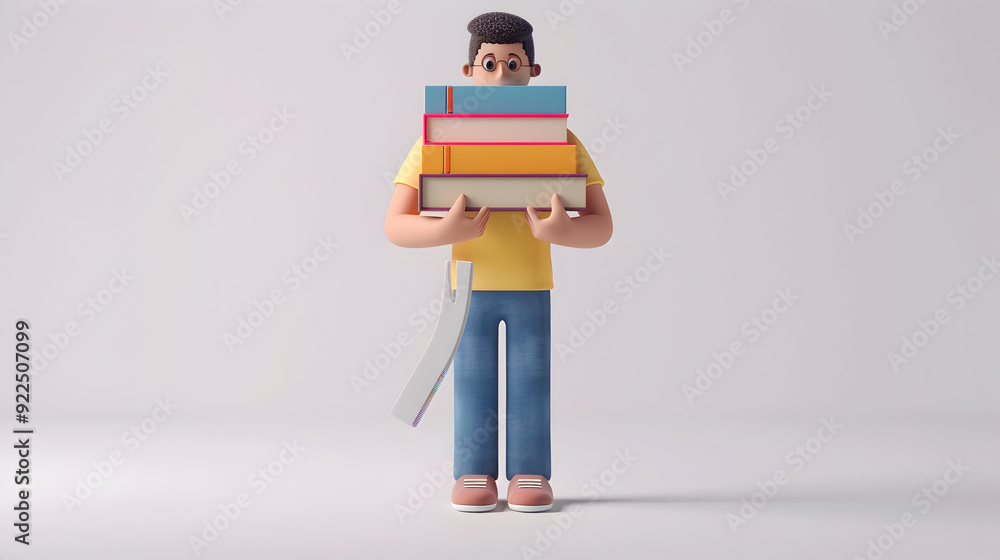 Poster dreamy background 3d flat icon student with books and ruler precision education symbol with ample sp