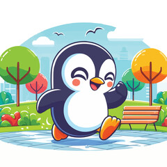 Obraz premium a cartoon Penguin running happily in park flat colorful vector
