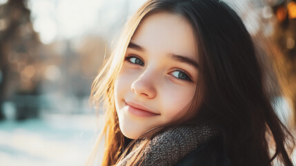 Obraz premium A beautiful little girl, kid, child with naive kind gray eyes, dark brown hair and cute smile has fun in winter park. Female portrait on nature.