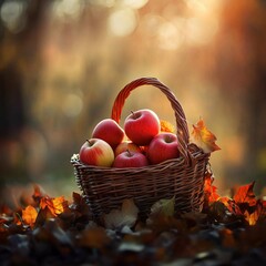 Rustic wicker basket filled with red apples surrounded by autumn leaves in a warm and serene fall setting