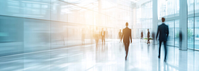 Long exposure shot of crowd of business people walking in bright office lobby fast moving with blurry
