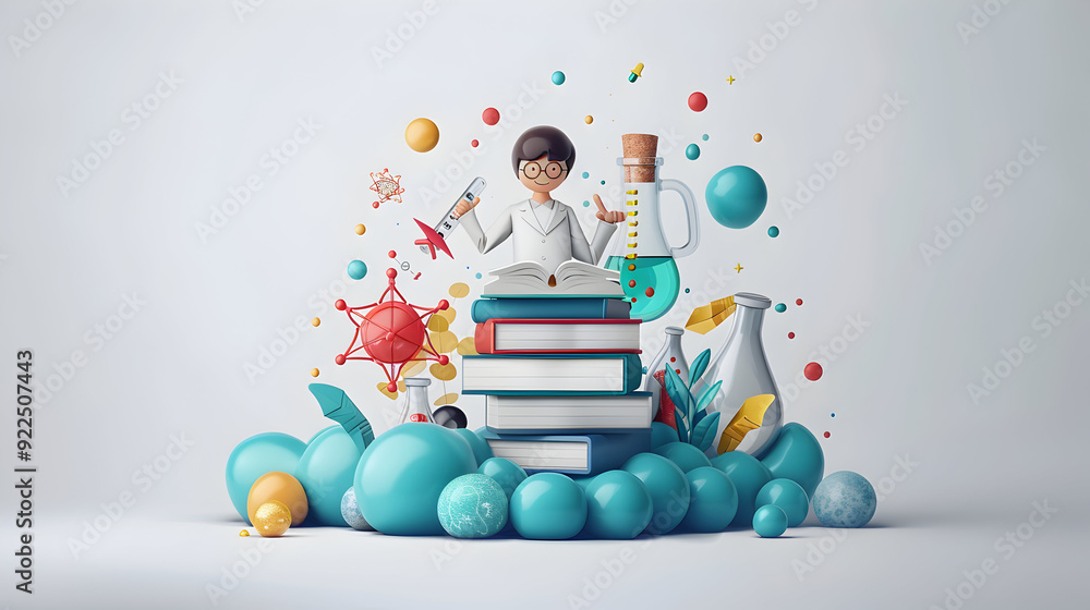 Poster student with books and science experiment exciting 3d flat icon for hands on learning on dreamy back