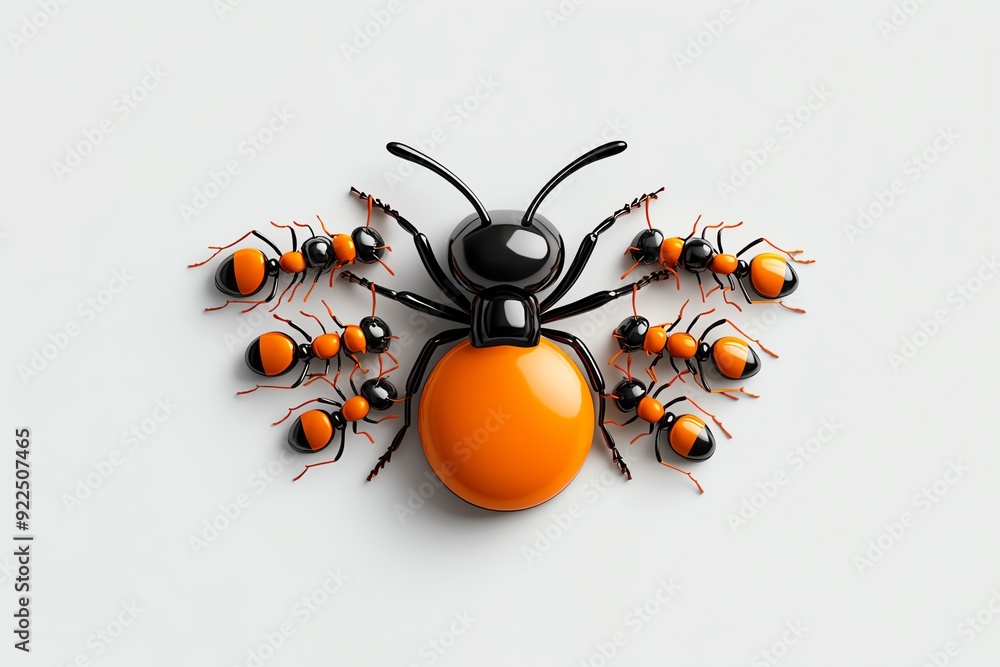 Poster close-up image of a unique orange and black insect surrounded by smaller ants on a white background,