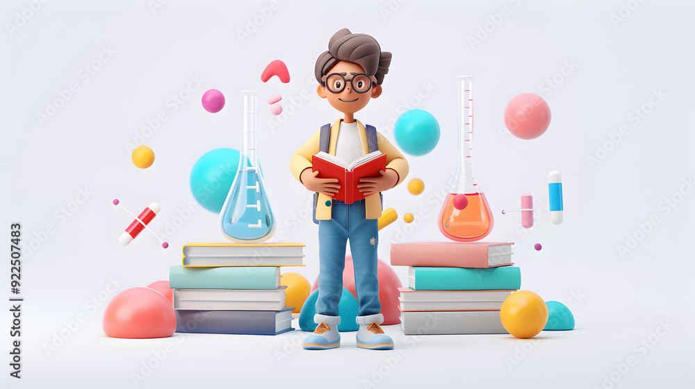 Poster 3d flat icon: student with books and science experiment in dreamy background for hands on learning