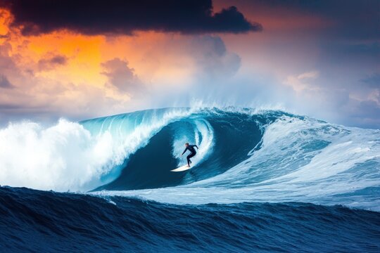 A surfer performs a thrilling ride inside a massive, curling wave at sunset, showcasing the athlete's courage and the ocean's raw power. The picturesque scene is breathtaking.