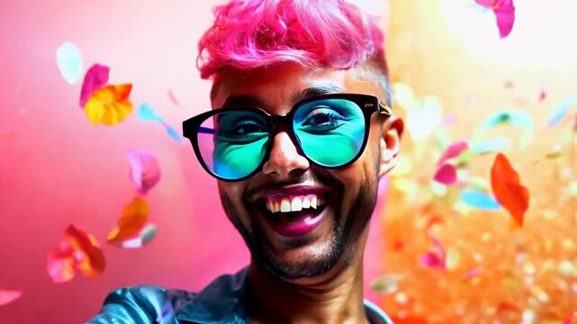 A woman dressed up as a man, drag king comedian with pink hair, a mustache, facial hair and blue sunglasses, gender bender or gender fuck, brightly colored background