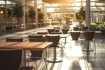 Fototapeta premium Empty cafe tables and chairs bathed in warm sunlight.