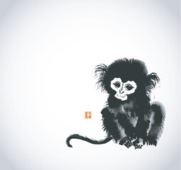 Minimalist ink wash painting of a cute  monkey on white background in sumi-e style. Hieroglyph - happiness.