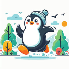 a cartoon Penguin running happily in park flat colorful vector