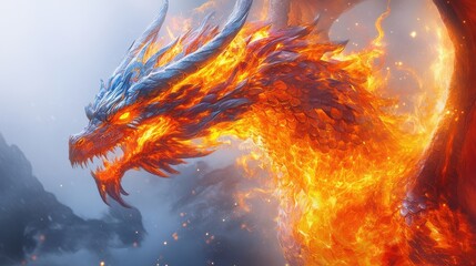 Fototapeta premium Mystical fire dragon with vivid fiery patterns, intense heat emanating,