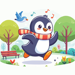 a cartoon Penguin running happily in park flat colorful vector
