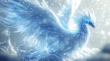 Fototapeta premium Mystical ice phoenix with vivid icy plumage, intense blue light emanating, perfect lighting,
