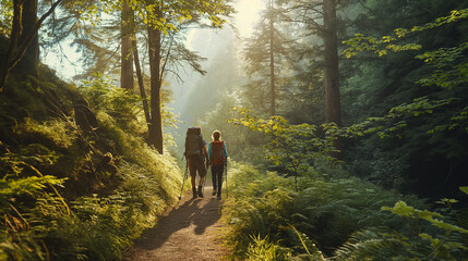 Obraz premium A couple goes backpacking while enjoying the tranquillity of the forest nature