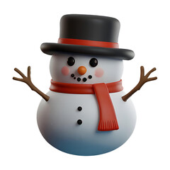 A chibi 3D Snowman with a large head, big eyes, wearing a Christmas-themed hat and scarf, with a carrot nose and coal buttons. The background is transparent.
