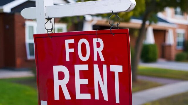 A bright red for rent sign hangs outside residential properties, indicating available rental opportunities in a sunny neighborhood