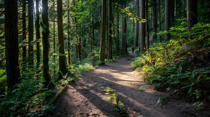 Obraz premium A couple goes backpacking while enjoying the tranquillity of the forest nature