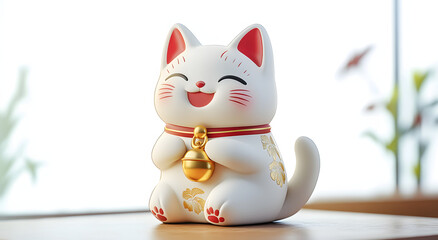 A cute 3D illustration of a white Maneki-neko (lucky cat) with a smiling face, holding a golden bell and wearing a red collar. Traditional Japanese figurine symbolizing good luck and fortune.