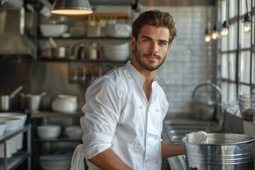 Handsome Male Chef in Modern Restaurant Kitchen