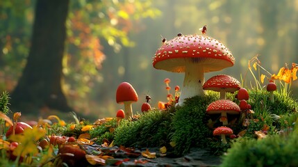A Cluster of Red and White Mushrooms in a Forest Setting
