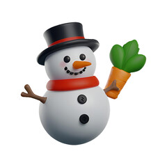 A chibi 3D Snowman with a large head, big eyes, wearing a Christmas-themed hat and scarf, with a carrot nose and coal buttons. The background is transparent.