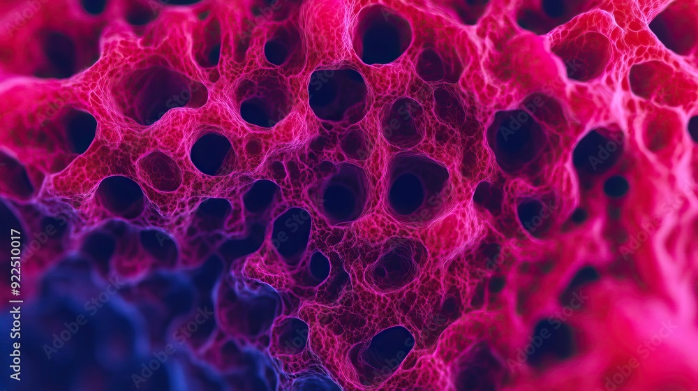 Poster abstract close-up of vibrant, textured surface with intricate patterns and deep cavities, showcasing