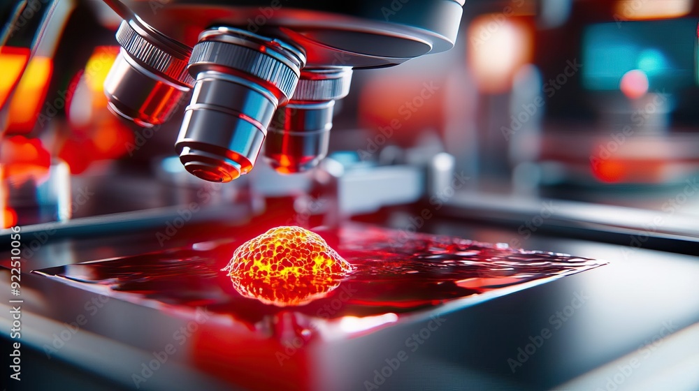 Poster a close-up of a microscope analyzing a glowing cell sample in a laboratory setting.