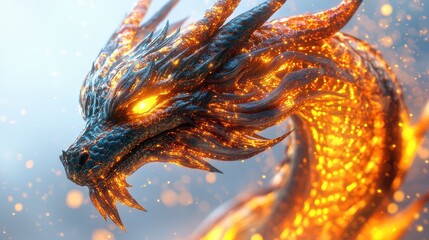 Ornate fire dragon with glowing embers, intricate scale patterns, bright spotlight,